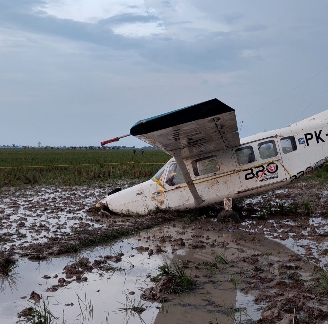 Diduga Alami Loss Power, Pesawat Wise Air Mendarat Darurat di Persawahan Karawang